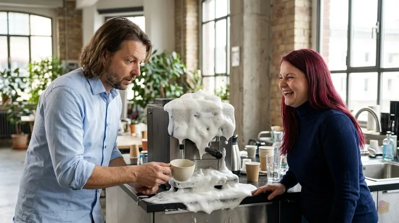 KI-generiert: In einer Büroküche quillt Milchschaum aus der Kaffeemaschine, Maik hält eine leere Tasse darunter, Nicole lacht