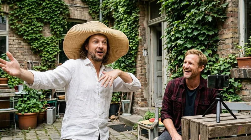 KI-generiert: Maik spielt mit riesigem Strohhut in einem Berliner Hinterhof einen Sketch, Lio filmt und lacht