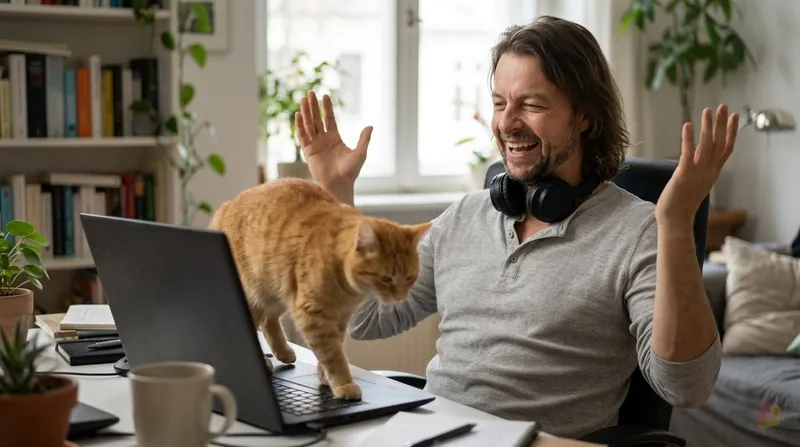KI-generiert: Im Homeoffice setzt sich eine Katze während eines Videocalls auf Maiks Laptop, er lacht