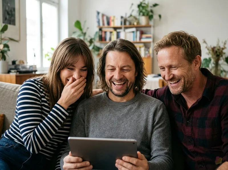 KI-generiert: Maik, Anni und Lio sitzen auf einem Sofa und lachen über ein Bild auf einem Tablet