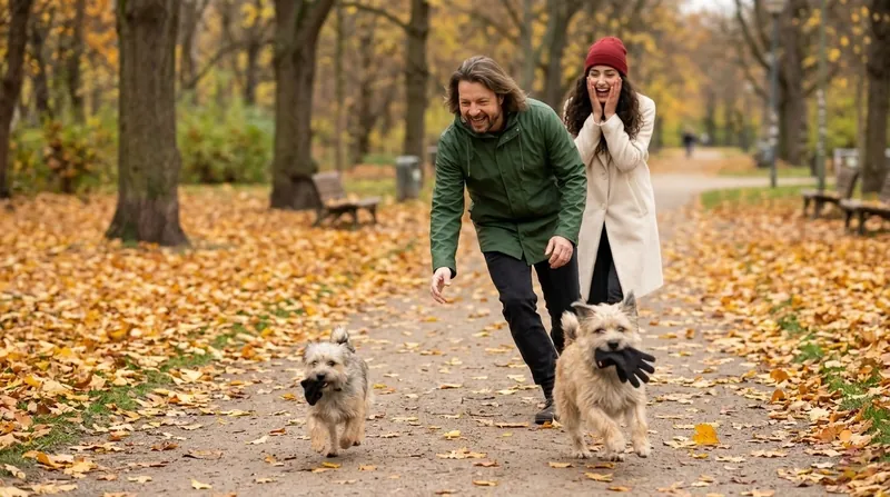KI-generiert: Ein kleiner Hund rennt im herbstlichen Park mit Maiks Handschuh davon, Maik und Lia lachen