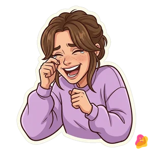 KI-generiert: Anni als Comic-Sticker im lila Sweatshirt, sie wischt sich Lachtränen aus dem Auge