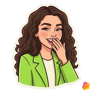 KI-generiert: Lia als Comic-Sticker im limettengrünen Blazer, sie kichert hinter vorgehaltener Hand