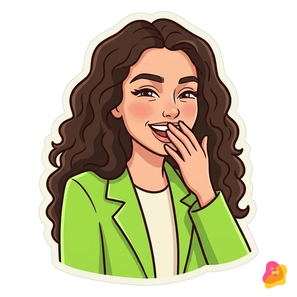 KI-generiert: Lia als Comic-Sticker im limettengrünen Blazer, sie kichert hinter vorgehaltener Hand