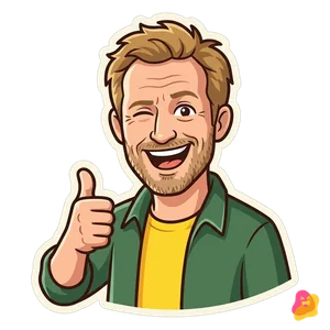 KI-generiert: Lio als Comic-Sticker im gelben Shirt und grünen Hemd, er zwinkert und zeigt Daumen hoch