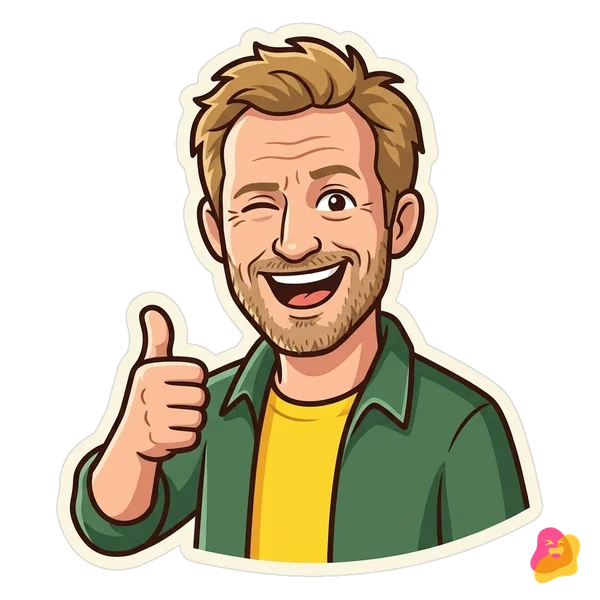 KI-generiert: Lio als Comic-Sticker im gelben Shirt und grünen Hemd, er zwinkert und zeigt Daumen hoch
