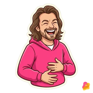 KI-generiert: Maik als Comic-Sticker im pinken Hoodie, er hält sich lachend den Bauch