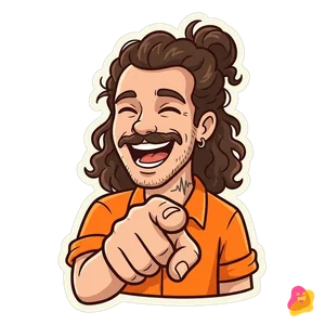 KI-generiert: Mats als Comic-Sticker im orangen Hemd, er zeigt lachend auf den Betrachter