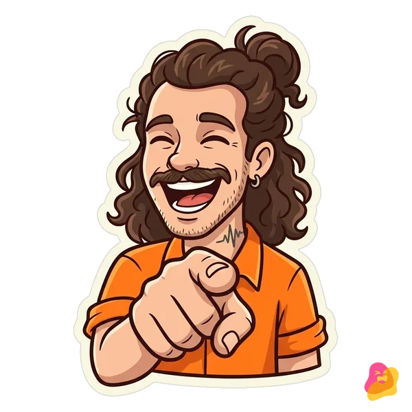 KI-generiert: Mats als Comic-Sticker im orangen Hemd, er zeigt lachend auf den Betrachter