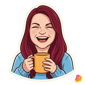 KI-generiert: Nicole als Comic-Sticker im himmelblauen Pulli mit Kaffeetasse, sie lacht laut