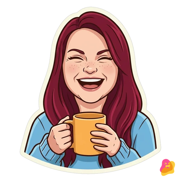 KI-generiert: Nicole als Comic-Sticker im himmelblauen Pulli mit Kaffeetasse, sie lacht laut