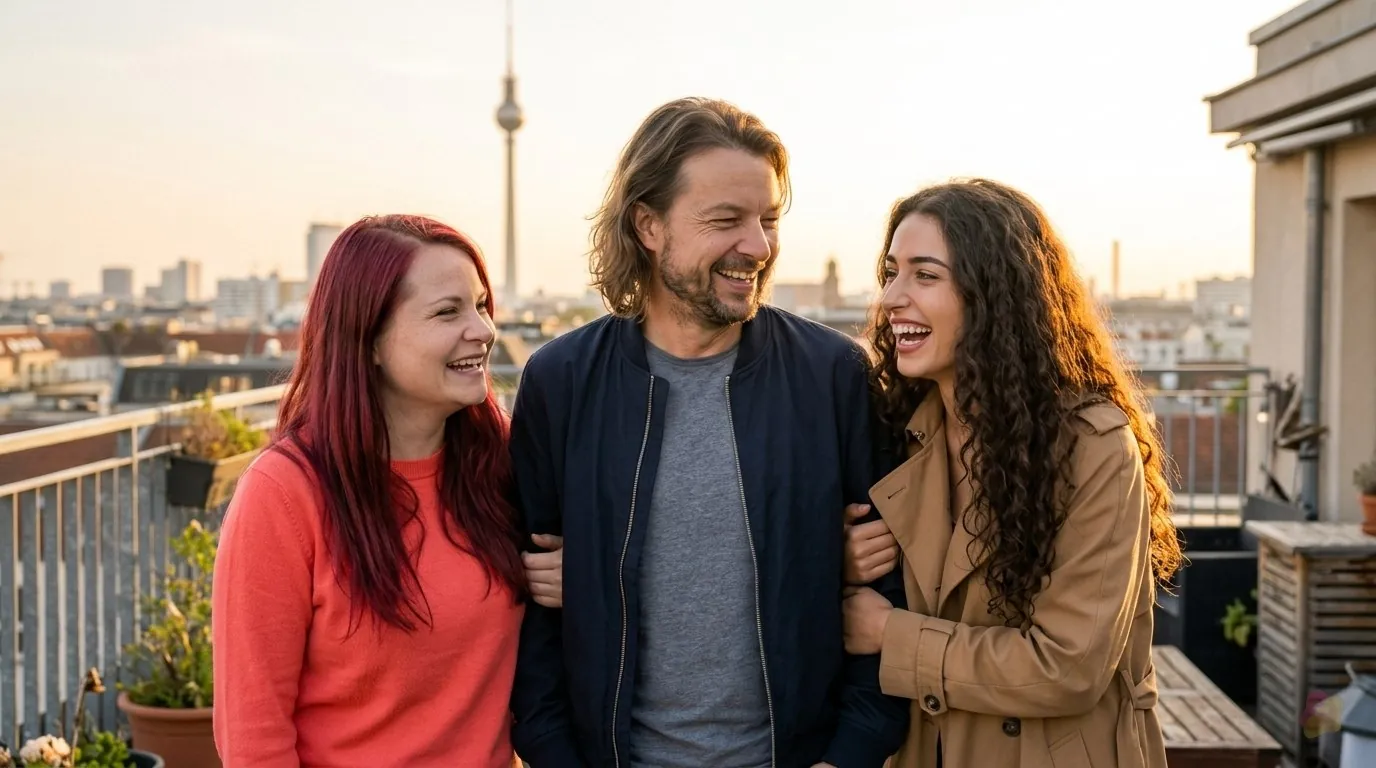 KI-generiert: Maik spielt mit riesigem Strohhut in einem Berliner Hinterhof einen Sketch, Lio filmt und lacht