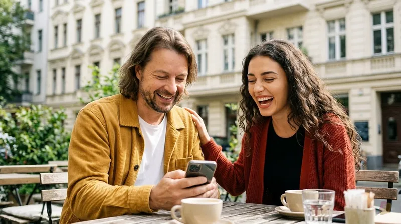 KI-generiert: Maik liest auf einer Berliner Café-Terrasse einen Witz vom Handy vor, Lia lacht laut los